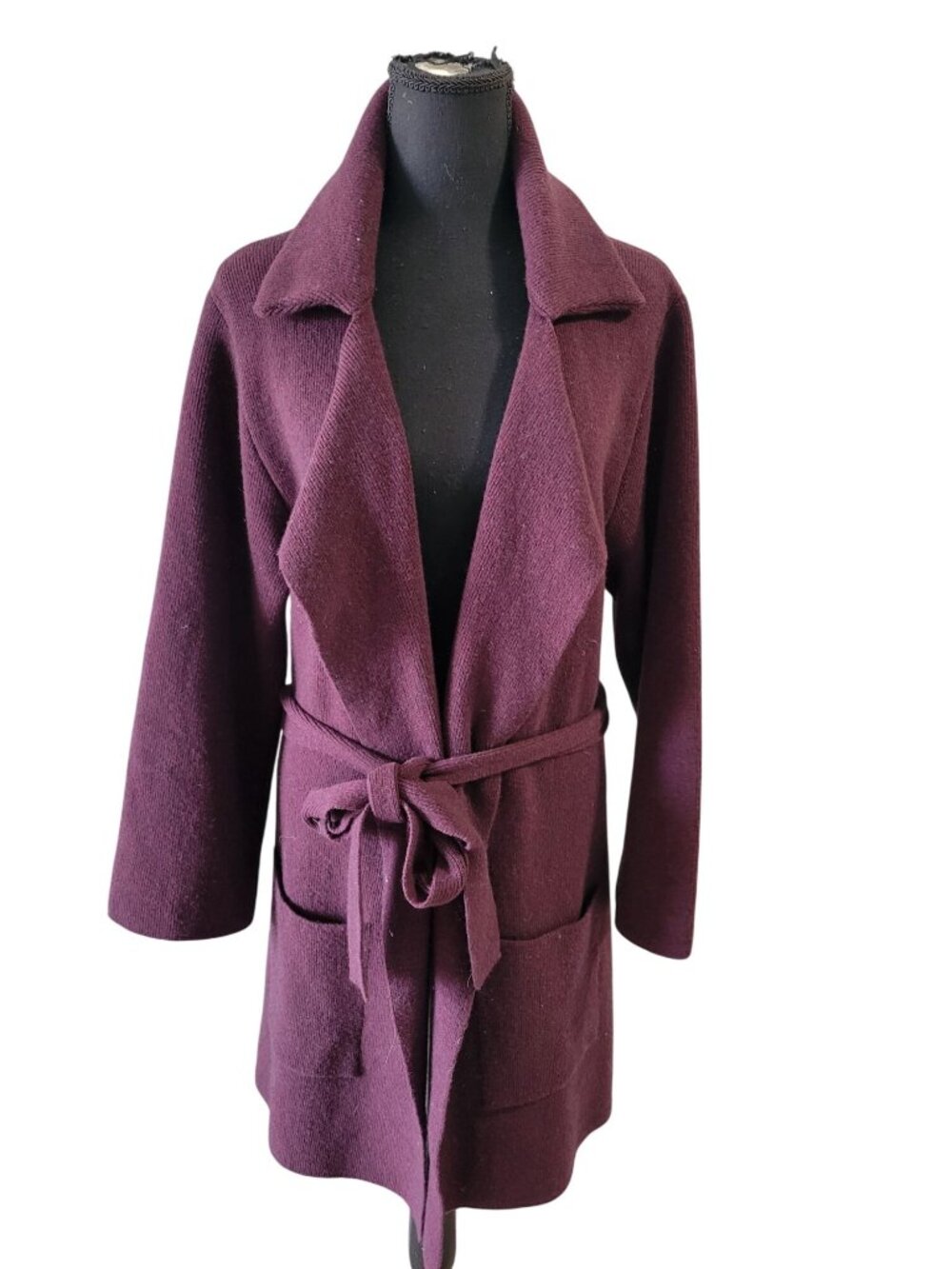 Kettlewell Plum Wrap Cardigan Extrafine Merino Wool Size L Quiet Luxury Preppy - Picture 2 of 11
